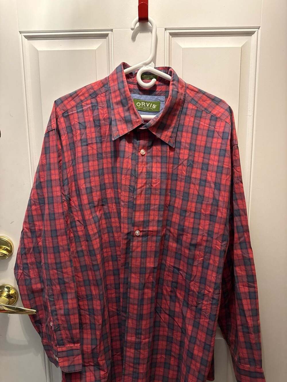 Orvis Men's XXL Long Sleeve Plaid Cotton Button Down Shirt Red and Blue